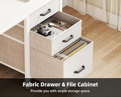 Casaottima 40 Inch Small Home Office Computer Desk for Bedroom with Fabric Drawers & File Cabinet, Cloth Storage Bag and Hook, Writing Study Work Desk for Small Space, Snow White