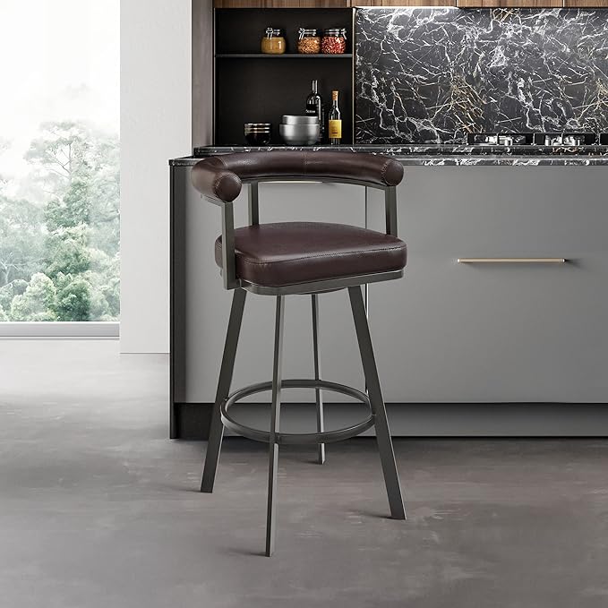 Armen Living Magnolia Swivel Bar Stool in Brown Metal with Brown Faux Leather