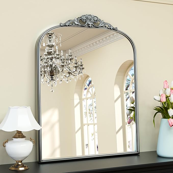 Keonjinn Vintage Mirror 30" x 36", Silver Antique Mirrors for Wall Decor, Arched Decorative Mirror for Mantle, Hallway, Living Room, Fireplace, Bedroom, Bathroom Mirror with French Cleat Mounting