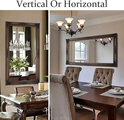 Large Bronze Mirror, 53''x29.5''Vintage Mirrors with Ornate Wooden Frame, Decorative Mirror for Living Room Dining Room Hallway, Horizontal/Vertical