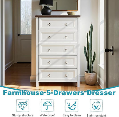 31.3" Farmhouse Sideboard Buffet Cabinet with Storage, Kitchen Buffet Storage Cabinet with 5 Drawers, Modern Wood Accent Sideboard for Living Room, Kitchen, Hallway(Ivory White)