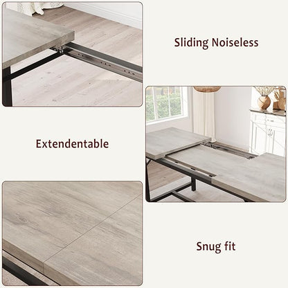 Dining Table Set for 4-6, 63“ Large Extendable Kitchen Table Set, Wood Rectangle Kitchen Table with 2 Soft Benches for Small Space, Apartment, DinnerSaving Space, Grey