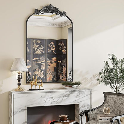 26x38 inch Vintage Arched Bathroom Mirror - Gorgeous Wall Vanity Mirror with Beautiful Retro Top and Bottom Engraving Process Frame for Entryway Hallway Living Room, Black