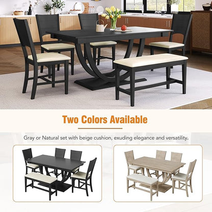 Ball & Cast Dining Table Set for 6,6-Piece Kitchen Table Set W/ 1 Bench & 4 Cushioned Chairs,59" Rectangular Desk W/Half Round Legs & Rectangle Base,for Dining Room,Kitchen,Restaurant,Gray