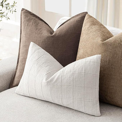 Foindtower Set of 2 Decorative Linen Check Throw Pillow Covers Neutral Farmhouse Lumbar Cushion Covers Modern Boho Home Decor for Sofa Chair Couch Bedroom Living Room Outdoor,12×20 Inch,Cream White