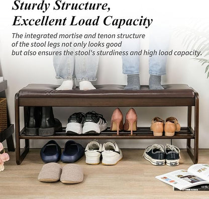 Shoe Bench, Entryway Bench with Leather Cushion, Solid Wood Shoe Rack, Mid Century Modern Bench, Shoe Storage, Shoe Organizer for Entryway (Grey, 39.4" W)