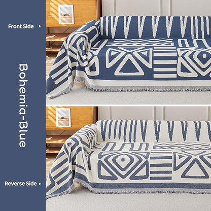 STACYPIK Boho Chenille Couch Cover, Blue Jacquard Sofa Cover for 3 Cushion Couch, Reversible Furniture Protector, Anti Slip Geometric Couch Covers for Sectional, Loveseat Cover Pet-Friendly-71X134IN