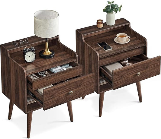 VASAGLE Nightstands, Set of 2, Bedside Tables with Hidden Drawers, Mid-Century End Side Tables with Solid Wood Legs, for Bedroom, Natural Walnut ULET624K01