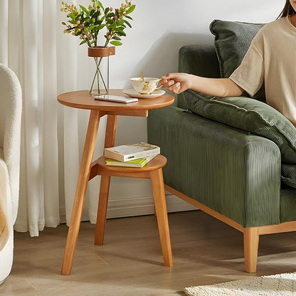 Side Table, 2-Tier Round End Tables Living Room, Mid Century Modern Side Table, Round Nightstand, Oak Accent Table, Small Round Coffee Table, 16.54" Dia.x 23.62" H(Natural)