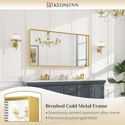 Keonjinn Gold Bathroom Vanity Mirror 55" x 30" Rectangle Large Wall Mirror Metal Framed Brushed Gold Rectangular Modern Farmhouse Mirrors for Over Sink(Horizontal/Vertical)