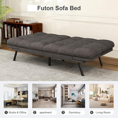 Vipbear Futon Sofa Bed Couch, 71" Convertible Sofa Bed, Space-Saving Loveseat with Adjustable Backrest & Armrest for Living Room,Apartment,Office,Pure Grey Sleeper Sofa
