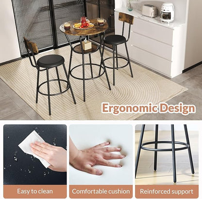 3-Piece Round Bar Table and Chair Set, Small Dining Table for 2, Breakfast Table with 2 Upholstered Stools, Modern Kitchen Bar Table, for Kitchen, Dining Room & Bistro-Rustic Brown