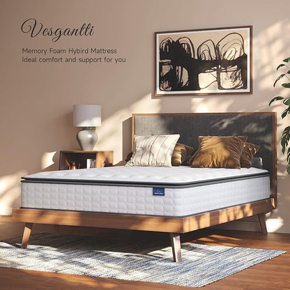 Vesgantti Twin Mattress, 12 Inch Hybrid Twin Size Mattress in a Box, Single Bed Pillow Top Mattresses, Foam and Pocket Coils Innerspring Mattresses, Pressure Relief, Medium Firm Feel