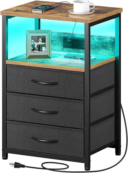 Seventable Nightstand with Charging Station and LED Light, Set of 2 Side Table with 3 Fabric Drawers, Bedside End Table with USB Ports and Outlets, Night Stand for Bedroom, Rustic Brown