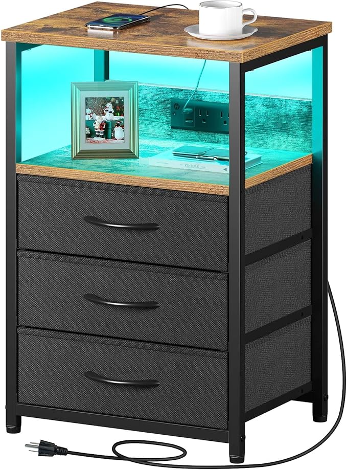 Seventable Nightstand with Charging Station and LED Light, Side Table with 3 Fabric Drawers, Bedside End Table with USB Ports and Outlets, Night Stand for Bedroom, Rustic Brown