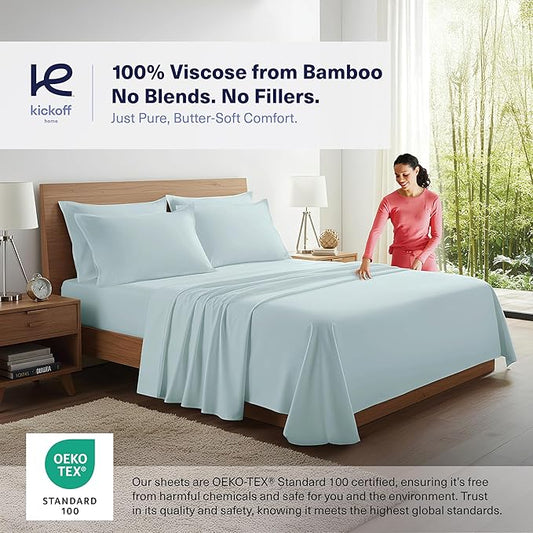 Kickoff Viscose Bamboo Sheets Twin Size 3-pc 100% Organic Bamboo Viscose Bed Cooling Sheets Twin Size Set Cool Bedding for hot Sleepers Sheet, Flat, Fitted, Pillowcase (Coastal Blue, T)