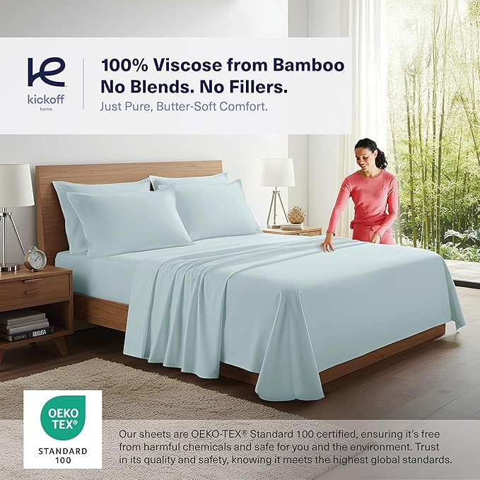 Kickoff Viscose Bamboo Sheets Queen Size 4-pc 100% Organic Bamboo Viscose Bed Cooling Sheets Queen Size Set Cool Bedding for hot Sleepers Sheet, Flat, Fitted, Pillowcases (Coastal Blue, Q)