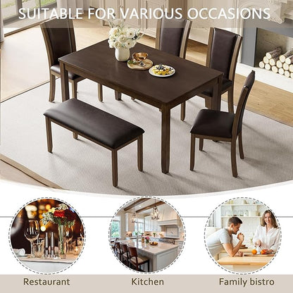 soges 6-Piece Large Dining Table Set with Leather Bench and Chairs, Wooden Dining Table Chairs Set for 6, Modern 6 Person Dining Room Set, Dark Walnut