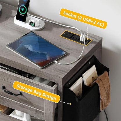 YITAHOME Grey Drawers TV Stand for 65 inches with Power Outlets -Chest of Drawers Dresser with Side Organizer Bag Entertainment Center TV Console