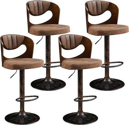 VECELO BarStools Set of 4,Kitchen Island Stools with Bentwood Back,Arm&Footrest,Counter Height Bar Chairs PU Leather Cushion Seat Adjustable Height 360°Swivel,Island Chairs for Club Pub,Rustic Brown