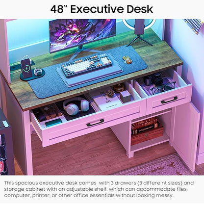 Farmhouse 47" Executive Desk, Computer Desk with 2 Drawers, LED Light and Storage Cabinet, Home Office Desk with Hutch, Charging Hub, Workstation for Home Office and Study.Unique White