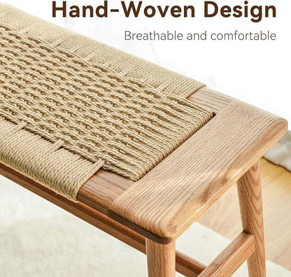 OOKSEN Entryway Bench, Solid Wood Dining Bench, 31.5" Wooden End of Bed Benches, Midcentury Modern Bedroom Benches Stool with Hand-Woven Rope for Kitchen Living Room Hallway