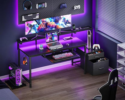 AODK Computer Desk with Drawers and Keyboard Tray, 63" Office Desk with Power Outlet and LED Lights, Reversible Study Work Desk with Printer Shelf and PC Stand for Home Office, Black