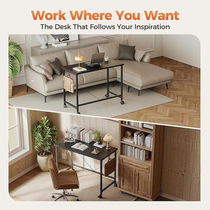 Rolling Computer Desk with Wheels, Gaming Desk for Small Spaces, Modern Simple Style Table for Home Office, Study Writing Table (Caster, Black, 48 inch)