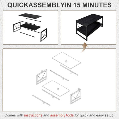 Rectangle Coffee Table Tea Table with Storage Shelf, Farmhouse Wooden Coffe Table for Living Room Table, 40" Rustic Center Table 2-Tier Minimalist Coffee Table Easy Assembly (Black)