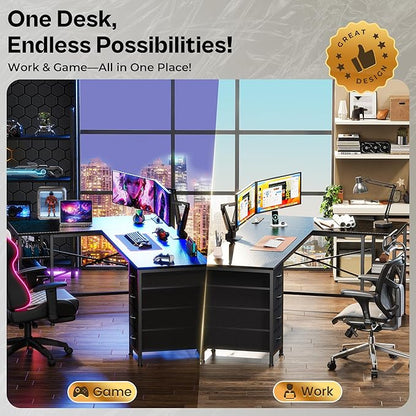 Huuger 55 Inch L Shaped Desk with Fabric Drawers, Reversible Computer Gaming Desk with Power Outlets and USB-C Port, Adjustable Side Storage Shelves, for Work Study Corner Home Office, Black
