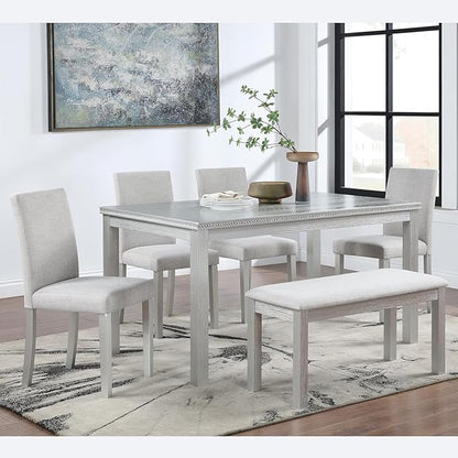soges 6 Piece Wooden Dining Table Set, Dining Room Table with 4 Upholstered Chairs and Bench, Rectangular 6-Person Kitchen Dining Table Set with Crystal Decoration, Silver Grey
