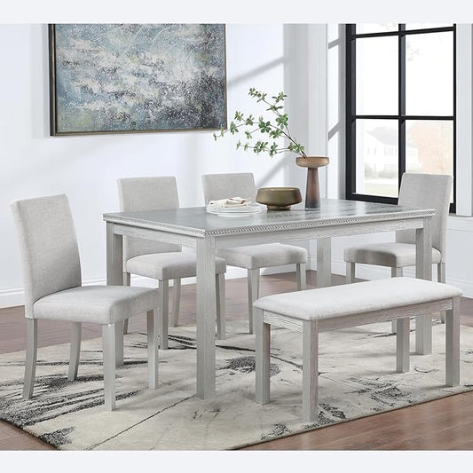 Ball & Cast 6 Piece Dining Table Set,Kitchen Table Set for 6 W/ 58.5" Rectangular Wooden Dining Table,Living Room Furniture W/ 4 Upholstered Chairs & 1 Bench,for Dining Room,Kitchen,Silver Grey