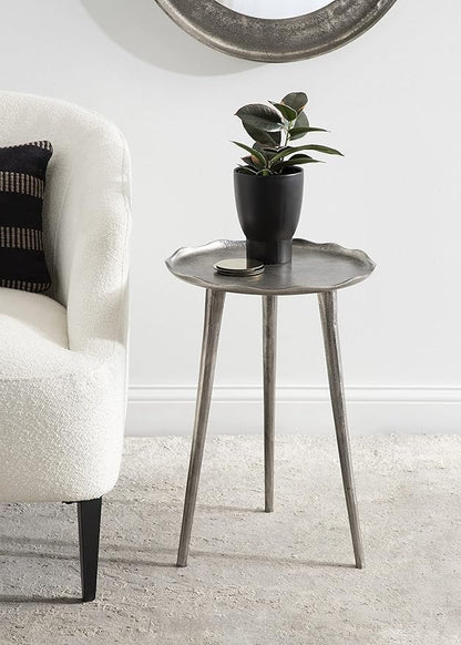 Kate and Laurel Alessia Modern Round Metal Side Table; 15 x 15 x 22; Silver; Decorative Glam Cast Aluminum End Table with Deckled Edge for Bedroom Nightstand or Living Room Accent