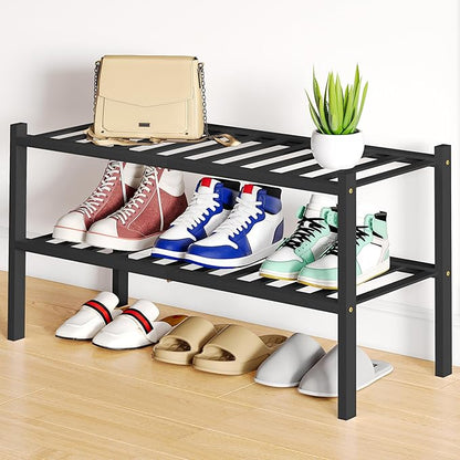 Smiry Shoe Rack, 2 Tier Bamboo Shoe Organizer, Stackable Free Standing Wooden Shoe Storage Shelf for Closet, Entryway, Front Door Entrance, Black