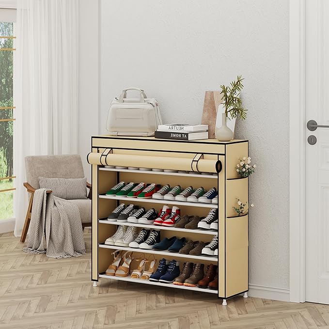 Calmootey 5 Tier Shoe Rack Organizer to Hold 25 Pairs, Portable Shoe Shelf with Nonwoven Fabric Cover for Closet Hallway, Bedroom, Entryway, Beige