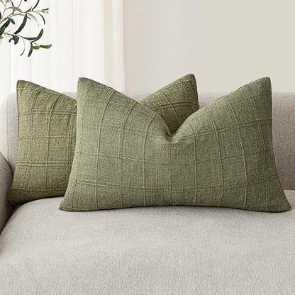 Foindtower Set of 2 Decorative Linen Check Throw Pillow Covers Neutral Farmhouse Lumbar Cushion Covers Modern Boho Home Decor for Sofa Chair Couch Bedroom Living Room Outdoor,12×20 Inch,Sage Green