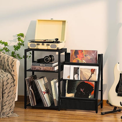 LELELINKY Black End Table,Record Player Stand with Vinyl Storage,3 Tier Side Table with Display Shelf Storage Up to 150 Albums,Industrial Large Record Holder Cabinet for Living Room