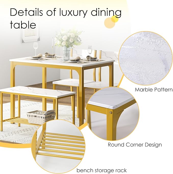 soges 4 Person Dining Table Set,43.3 inch Kitchen Table Set for 4,2 Chairs with Backrest,2-Person Bench with Storage Rack,Nesting Furniture Set for Dining Room and Restaurant, White Gold