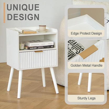 AWASEN White Nightstand, Modern Bedside Table with Fluted Drawers, Small Night Stand Bed Side Table with Solid Wood for Living Room, Bedroom, Office and Small Space (White)