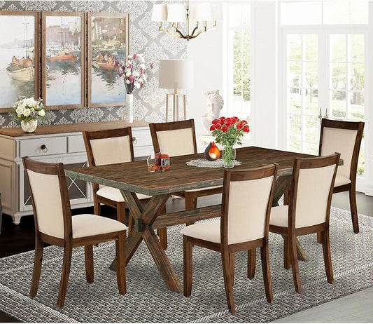 East West Furniture X777MZN32-7 7 Piece Kitchen Table Set Consist of a Rectangle Dining Table with X-Legs and 6 Light Beige Linen Fabric Parson Dining Chairs, 40x72 Inch, Multi-Color