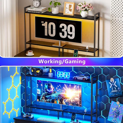 Computer Gaming Desk with Hutch, Home Office Desk with Power Outlets, LED Light, 5 Storage Drawers, 2 Tiers Shelves for Display, 39 Inch Modern Study Writing Table for Bedroom, Black