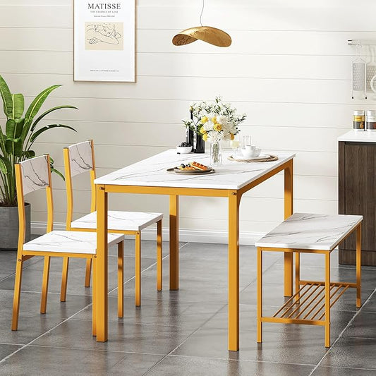 SogesHome 4-Piece Kitchen Table and 2 Chairs for 4 with Bench, Dining Table Set for Small Space, Apartment, Living-Room, Restaurant, Golden