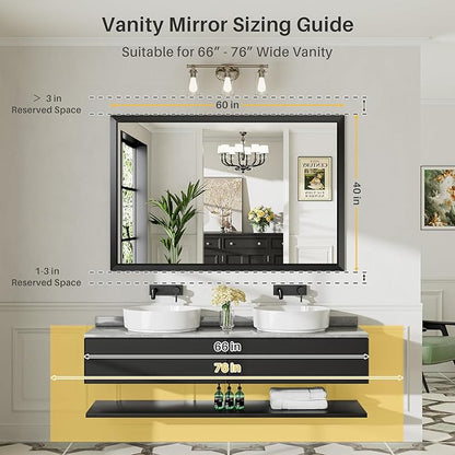 60x40 Inch Black Bathroom Mirror for Wall, Thick Metal Framed Rectangle Mirrors for Over Sink, Bedroom, Living Room, Entryway, Anti-Rust, HD Tempered Glass