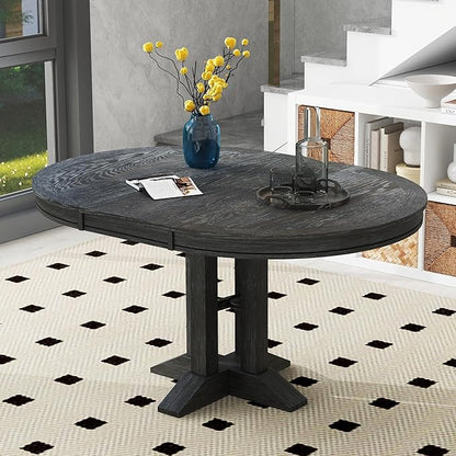 ERYE Mid-Century Modern Functional Extendable Wooden Round Dining Table with 14" Adjustable Leaf and Pillar-Trestle Legs, Wood Oval Dining Table