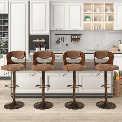 VECELO BarStools Set of 4,Kitchen Island Stools with Bentwood Back,Arm&Footrest,Counter Height Bar Chairs PU Leather Cushion Seat Adjustable Height 360°Swivel,Island Chairs for Club Pub,Rustic Brown