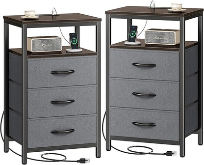 Huuger Nightstands Set of 2, 27.6 Inch End Tables with Charging Station, Fabric Drawers, Bedside Tables with USB Port and Outlet, Night Stands for Bedroom, Walnut