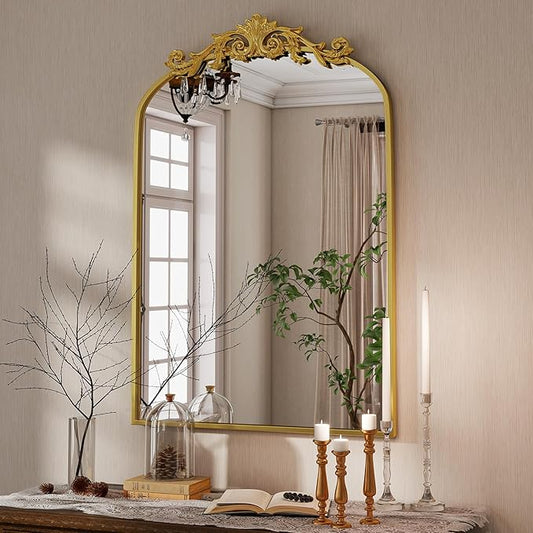 Vintage Arched Wall Mirror, 26x38 inch Retro Arch Bathroom Mirror, Carve Pattern Top Wall Mounted Vanity Mirror with Metal Frame, Bathroom Mirror Hanging or Leaning, Gold