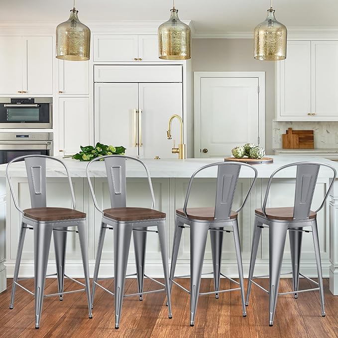 Yongqiang 30 inch Bar Stools Set of 4 Farmhouse Bar Height Stools High Back Kitchen Bar Chairs Silver Metal Barstools with Wooden Seat…