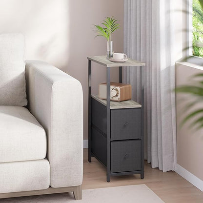 TUTOTAK Small Narrow End Table, Set of 2, Side Table, Nightstand with 2 Cloth Drawers, Couch Table, for Living Room, Bedroom, Bedside, Greige TB01BG054