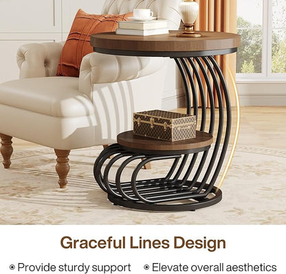 Tribesigns Round End Side Table: 2 Tiers Side Table Set of 2, Vintage End Table for Living Room, Small Bedside Table Accent Table with Arc-Shaped Frame, Light Brown
